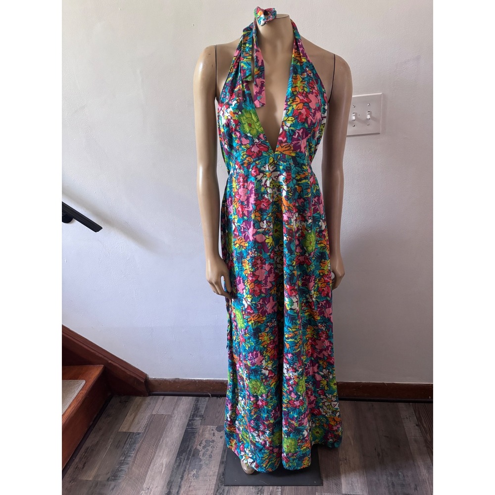 Free People Floral Halter Maxi Dress Open Back Boho Multi Color Large